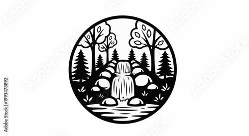 Black and white circular depiction of a serene forest waterfall and trees