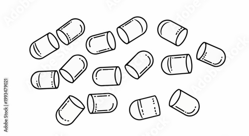 Many scattered pill capsules, some separated, rendered as a simple line drawing