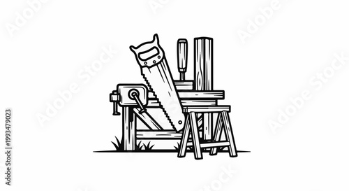 Black and white illustration of woodworking tools and materials