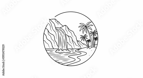 A circular illustration of a tropical beach scene with a waterfall and palm trees