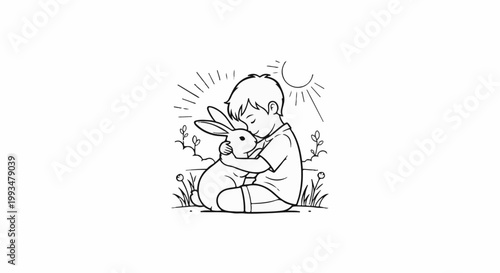 A child embraces a bunny in a sunlit garden