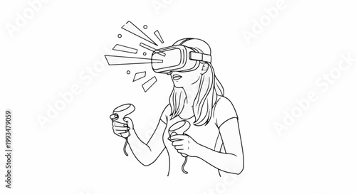 Person immersed in virtual reality, engaging with controllers