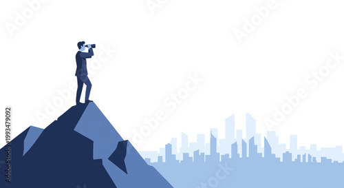 Businesswoman Standing on Mountain Peak with City Skyline in Background