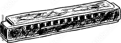 Vintage Harmonica Musical Instrument Engraving Illustration
