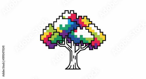 Pixelated tree with a colorful canopy and a simple trunk