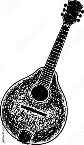 Vintage Stippled Mandolin Illustration Isolated on White