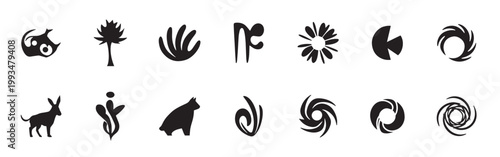 Business symbol abstract geomatic shape decorative botanical flower outline spiral swirl energy motion texture set vintage circle leaf fire. Business company icon symbol abstract, vector illustration.