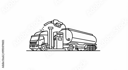 Outline drawing of a tanker truck refueling at a pump