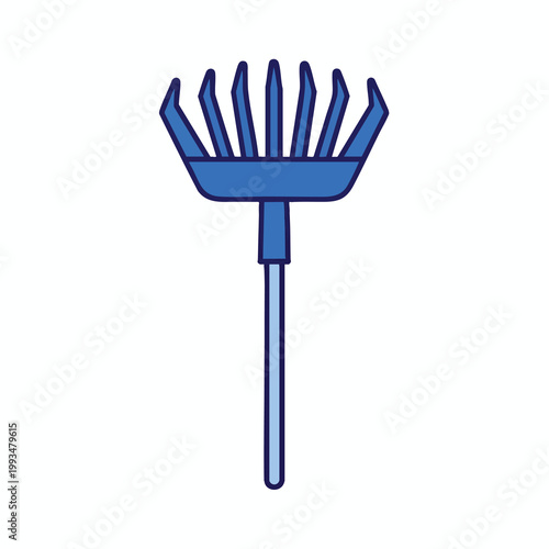 Illustration of a blue garden rake for yard work.