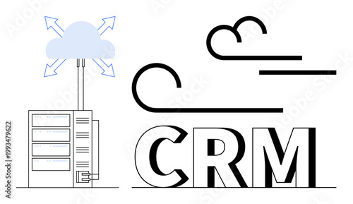Data management, customer relations, workflow automation, cloud storage, technology services, business tools. Server and CRM text with cloud connection. Data management and customer relations concept