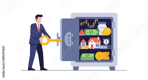 Businessman Unlocking Safe with Financial Data and Money