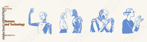 Humans and robots interacting communication future technology concept. Cyborgs, AI assistants and virtual reality usage shown in scenes. Illustrations for education, hand drawn sketch style.