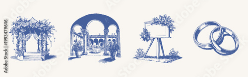 Victorian gazebo and italian courtyard pencil texture in hand drawn style. Illustrations for mediterranean wedding venues or luxury restaurant menus.