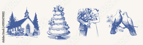 Church and tiered cake pencil texture set in hand drawn style. Illustrations for traditional wedding invitations or religious ceremony programs.