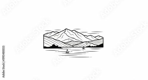 Minimalist mountain range reflected on water with sailboats