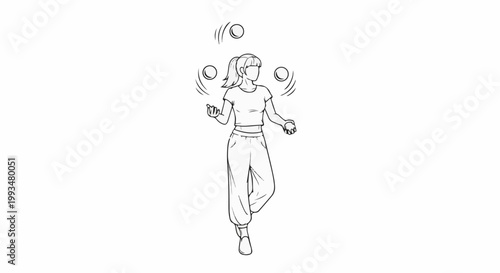 Line art sketch of a person with ponytail juggling three balls in the air