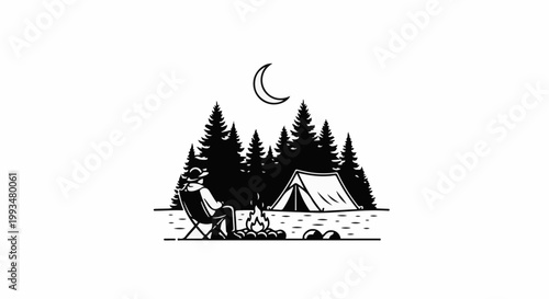Lone camper enjoys a moonlit night by a campfire next to a tent and forest