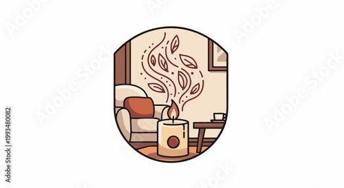 Cozy room with a lit candle, comfy chair, and a teacup on a table