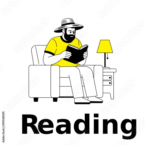 Reading Man Illustration, Minimal Flat Line Character with Yellow Accent