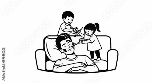 Father napping while kids playfully paint his face with dark color