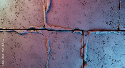 A close-up view of cracked concrete with vibrant colors