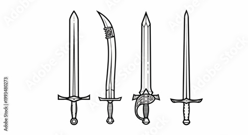 Four diverse swords, from simple to ornate, arranged left to right