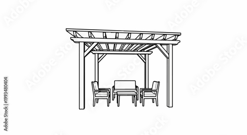 Outdoor wooden pergola with seating and table arranged neatly underneath