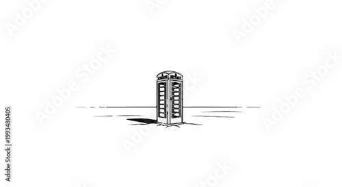 Black and white sketch of a classic phone booth on a flat surface