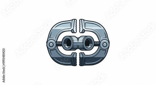 Metal clamps gripping two cylindrical objects, symmetrical design