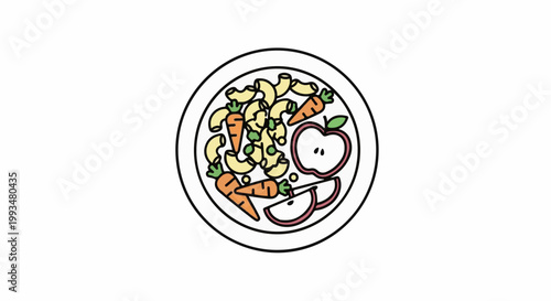 A top-down view of a white plate filled with pasta, carrots, and apple slices
