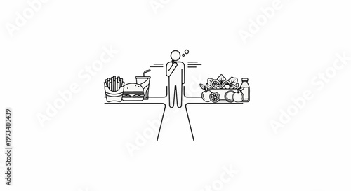Person contemplates choice between unhealthy fast food and healthy fruits