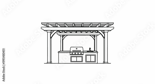 Outdoor kitchen pavilion with a grill, sink, and storage cabinets