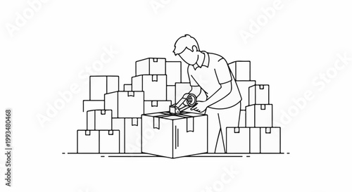 Person packing boxes in a warehouse with stacks of containers