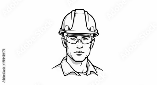 Person wearing hard hat and safety glasses, black and white illustration