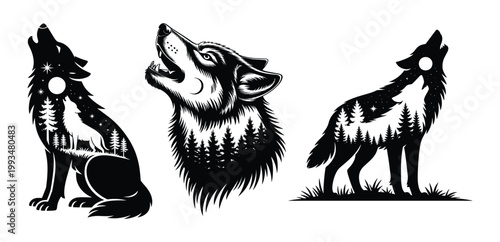 Howling Wolf Silhouette SVG Bundle with Forest Night Sky and Moon — Black Wildlife Vector Clipart for Tattoo, T-Shirt, and Logo Design