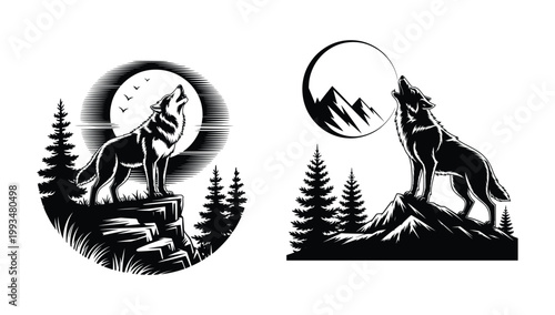 Wolf Howling at Moon Illustration, Wilderness Wolf and Moon Illustration Bundle, Engraved Circle Badge and Open Landscape Scene for Outdoor Adventure Brand