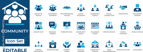 Community, teamwork, and charity vector icon set. Editable blue flat design symbols for networking and social connection.