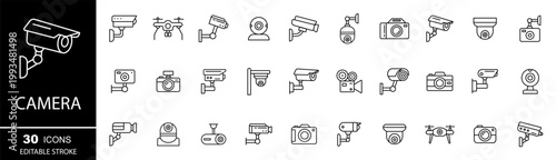 Camera icons. Cctv icon. Security camera vector set. Drone, photo camera, webcam.  Editable Stroke.