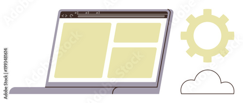 Web development, cloud computing, software engineering, technology integration, online services, system optimization. Laptop screen with browser interface, gear and cloud. Web development and cloud
