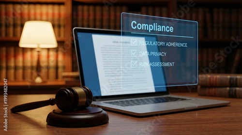 A laptop computer displaying a compliance checklist on its screen, sitting on a wooden desk next to a gavel in a law library with bookshelves and a lamp in the background.