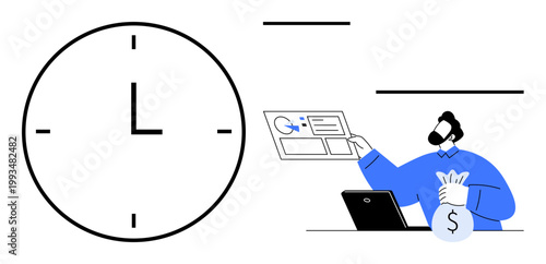 Time tracking, financial planning, work efficiency, resource allocation, deadlines, productivity. A clock and a person managing tasks with money and a laptop. Time tracking and financial planning