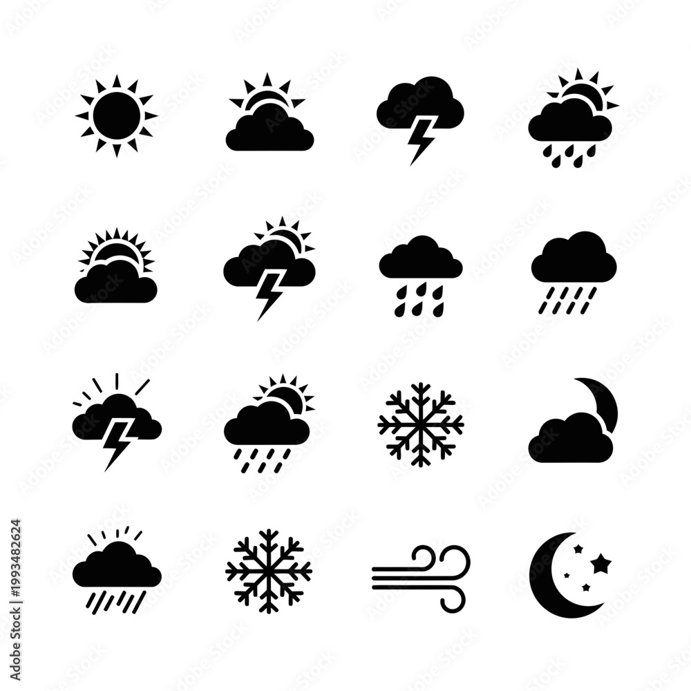 Obraz premium Collection of Minimalist Black and White Weather Icons Including Sun Clouds Rain Storm Snow Wind and Night Sky Elements