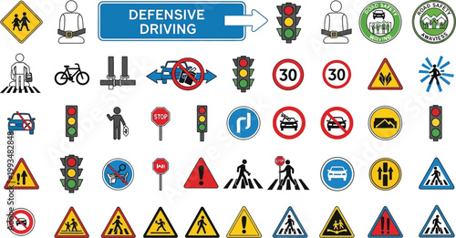 Defensive driving icons aid safe movement.