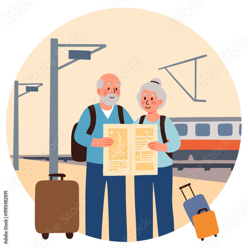Senior couple looking at map while waiting at train station. Elderly set   