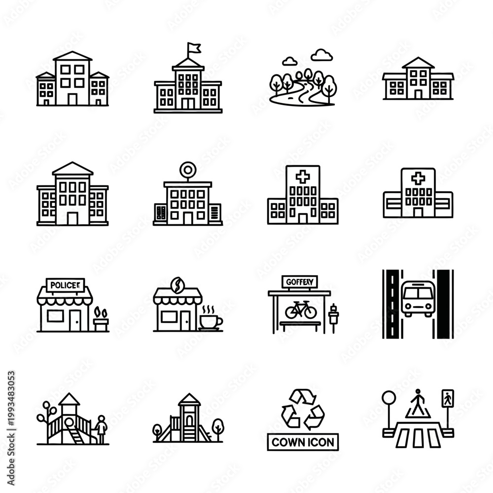 Obraz premium City Infrastructure Icon Set Featuring Hospital Police Station School Cafe Park and Transportation Symbols in Line Art Style