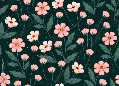 Seamless floral pattern with pink wildflowers and green leaves in gouache painting style. Dark teal background with white speckles. Perfect for fabric, wallpaper, packaging and textile design projects