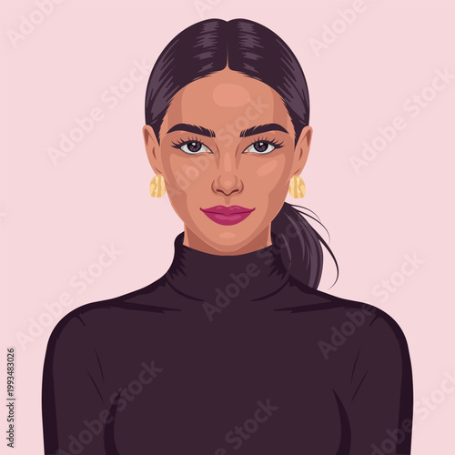 Elegant Woman Portrait in Black Turtleneck Vector Illustration. Beautiful Latin or Middle Eastern Girl Avatar, Professional Business Woman, Fashion Model with Gold Earrings, Minimalist Flat Art.
