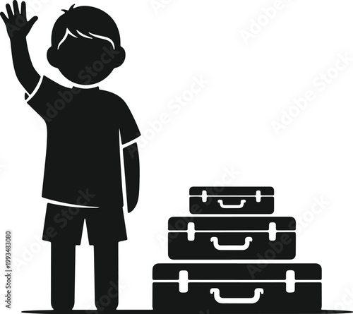 Boy with luggage waving goodbye vector silhouette isolated on transparent background.