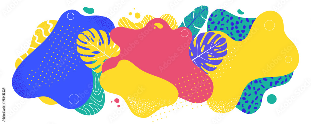 Fototapeta premium Vivid abstract composition of colorful liquid blobs and tropical palm leaves with grainy textures background