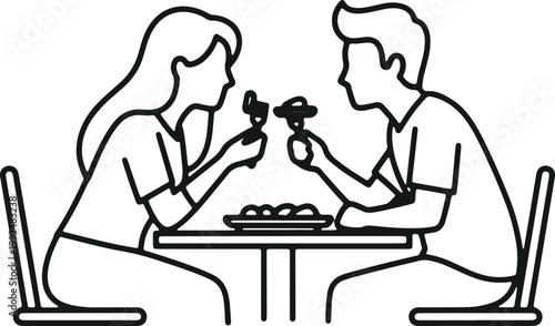 Couple enjoying romantic dinner at table vector line art isolated on transparent background.